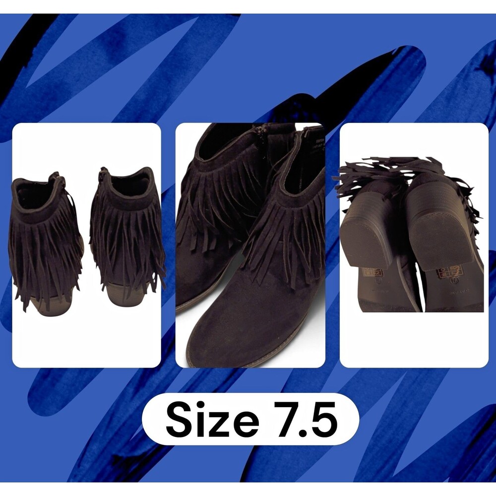 J. Adams Women’s Black Suede Fringe Ankle Boots Zip 7.5N Low Block 3025-B